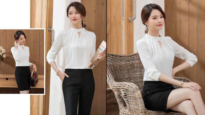 Mẫu áo sơ mi nữ cổ tròn cách điệu đẹp