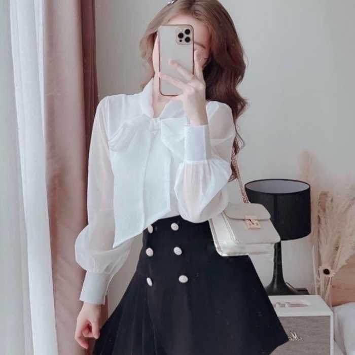 Sơ mi trắng phối nơ voan duyên dáng cho nàng thêm nữ tính